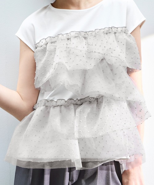 RUIRUE BOUTIQUE（ルイルエブティック）の「洗える ストレッチ ｜ シアー ドット × チュール デザイントップス ｜ トップス・Tシャツ・カットソー・半袖Tシャツ・きれいめブラウス・オフィスカジュアルブラウス（Tシャツ/カットソー・レディース・ホワイト/ブラック/ホワイト×グレー・L/M/S）」の18枚目の写真