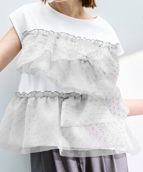 RUIRUE BOUTIQUE（ルイルエブティック）の「洗える ストレッチ ｜ シアー ドット × チュール デザイントップス ｜ トップス・Tシャツ・カットソー・半袖Tシャツ・きれいめブラウス・オフィスカジュアルブラウス（Tシャツ/カットソー・レディース・ホワイト/ブラック/ホワイト×グレー・L/M/S）」の21枚目の写真