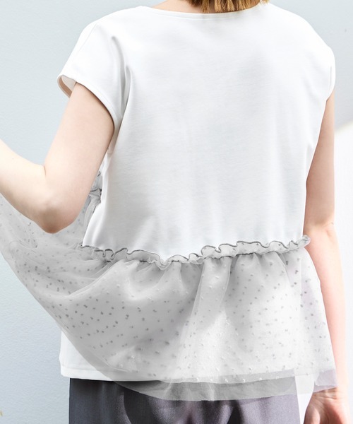 RUIRUE BOUTIQUE（ルイルエブティック）の「洗える ストレッチ ｜ シアー ドット × チュール デザイントップス ｜ トップス・Tシャツ・カットソー・半袖Tシャツ・きれいめブラウス・オフィスカジュアルブラウス（Tシャツ/カットソー・レディース・ホワイト/ブラック/ホワイト×グレー・L/M/S）」の22枚目の写真
