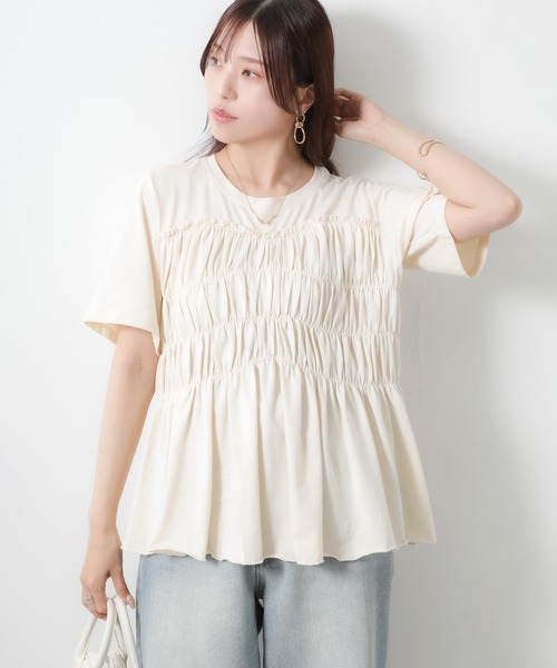 Riberry(リベリー)の「【接触冷感】ビスチェライクギャザーコットンTシャツ(Tシャツ/カットソー・レディース・チャコールグレー/ブラック/アイボリー・MEDIUM)」の1枚目の写真