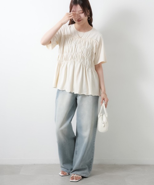 Riberry(リベリー)の「【接触冷感】ビスチェライクギャザーコットンTシャツ(Tシャツ/カットソー・レディース・チャコールグレー/ブラック/アイボリー・MEDIUM)」の6枚目の写真