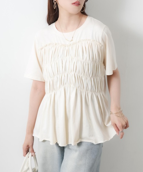 Riberry(リベリー)の「【接触冷感】ビスチェライクギャザーコットンTシャツ(Tシャツ/カットソー・レディース・チャコールグレー/ブラック/アイボリー・MEDIUM)」の14枚目の写真