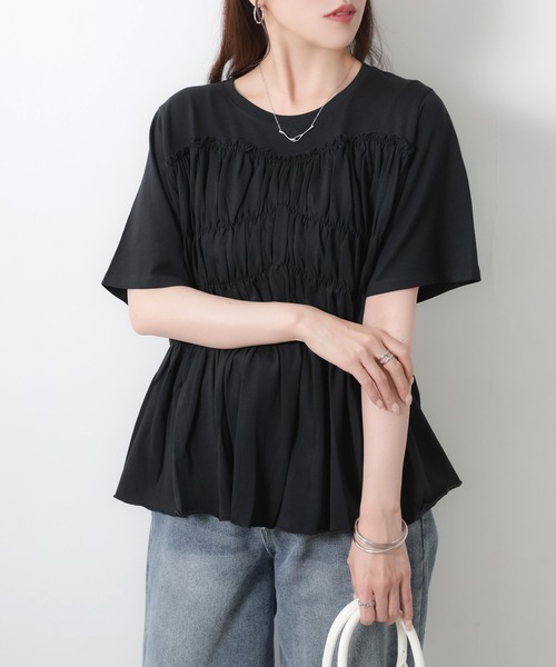 Riberry(リベリー)の「【接触冷感】ビスチェライクギャザーコットンTシャツ(Tシャツ/カットソー・レディース・チャコールグレー/ブラック/アイボリー・MEDIUM)」の8枚目の写真