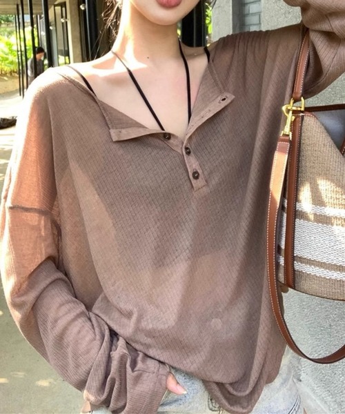 SHOUYO(ショウヨウ)の「スキッパーネック シアーリブカットソー(Tシャツ/カットソー・レディース・モカ/グレー/ピンク・M)」の3枚目の写真