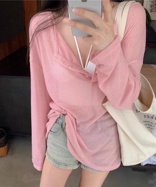 SHOUYO(ショウヨウ)の「スキッパーネック シアーリブカットソー(Tシャツ/カットソー・レディース・モカ/グレー/ピンク・M)」の4枚目の写真