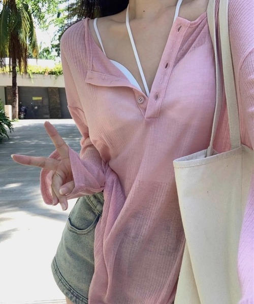 SHOUYO(ショウヨウ)の「スキッパーネック シアーリブカットソー(Tシャツ/カットソー・レディース・モカ/グレー/ピンク・M)」の5枚目の写真