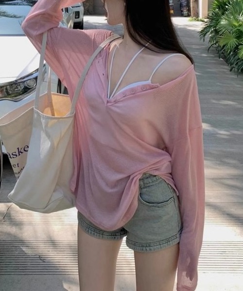 SHOUYO(ショウヨウ)の「スキッパーネック シアーリブカットソー(Tシャツ/カットソー・レディース・モカ/グレー/ピンク・M)」の6枚目の写真