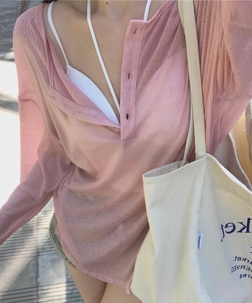 SHOUYO(ショウヨウ)の「スキッパーネック シアーリブカットソー(Tシャツ/カットソー・レディース・モカ/グレー/ピンク・M)」の7枚目の写真