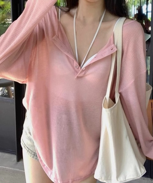 SHOUYO(ショウヨウ)の「スキッパーネック シアーリブカットソー(Tシャツ/カットソー・レディース・モカ/グレー/ピンク・M)」の8枚目の写真