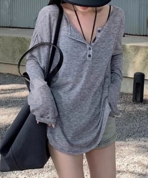 SHOUYO(ショウヨウ)の「スキッパーネック シアーリブカットソー(Tシャツ/カットソー・レディース・モカ/グレー/ピンク・M)」の10枚目の写真