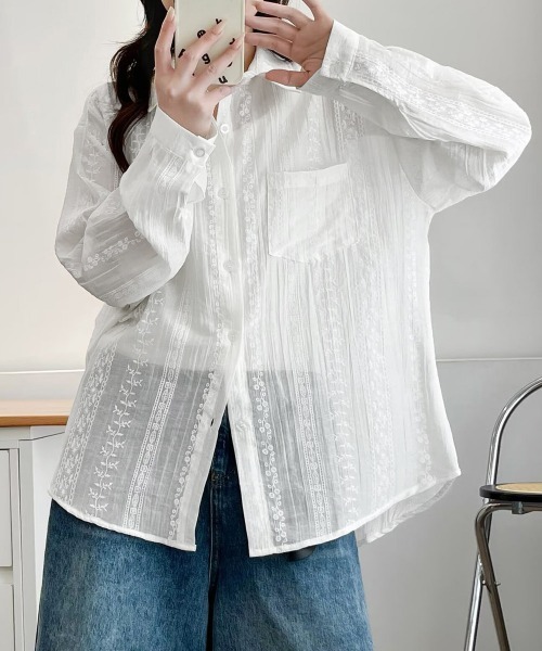 Miniministore(ミニミニストア)の「韓国風シアーシャツレース柄ブラウス春夏服(シャツ/ブラウス・レディース・ホワイト/ライトブルー/ピンク・FREE)」の1枚目の写真
