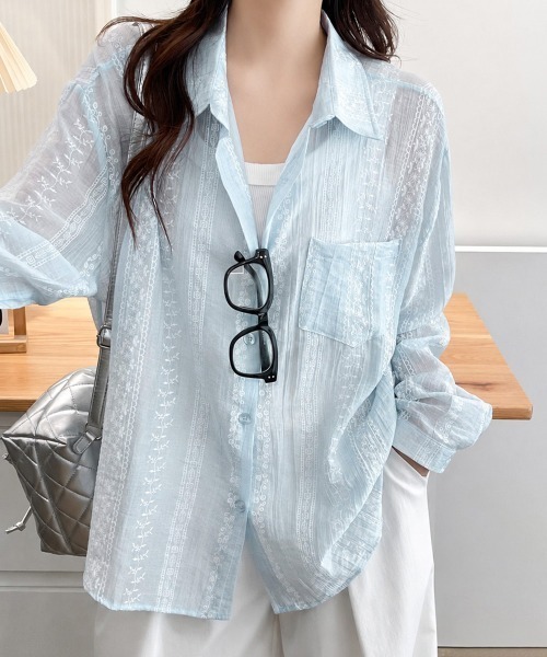 Miniministore(ミニミニストア)の「韓国風シアーシャツレース柄ブラウス春夏服(シャツ/ブラウス・レディース・ホワイト/ライトブルー/ピンク・FREE)」の2枚目の写真