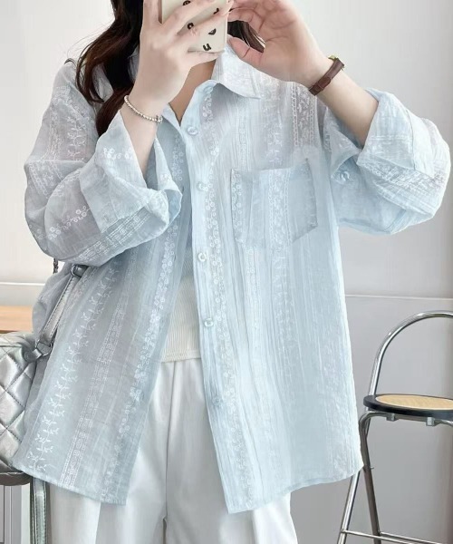 Miniministore(ミニミニストア)の「韓国風シアーシャツレース柄ブラウス春夏服(シャツ/ブラウス・レディース・ホワイト/ライトブルー/ピンク・FREE)」の4枚目の写真