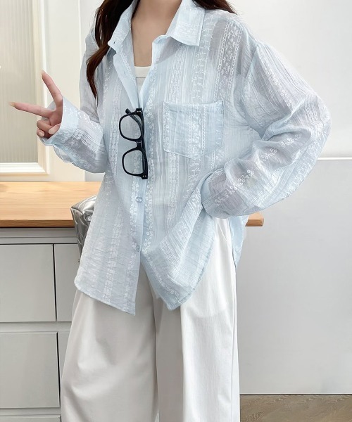 Miniministore(ミニミニストア)の「韓国風シアーシャツレース柄ブラウス春夏服(シャツ/ブラウス・レディース・ホワイト/ライトブルー/ピンク・FREE)」の5枚目の写真