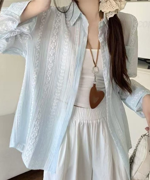 Miniministore(ミニミニストア)の「韓国風シアーシャツレース柄ブラウス春夏服(シャツ/ブラウス・レディース・ホワイト/ライトブルー/ピンク・FREE)」の6枚目の写真