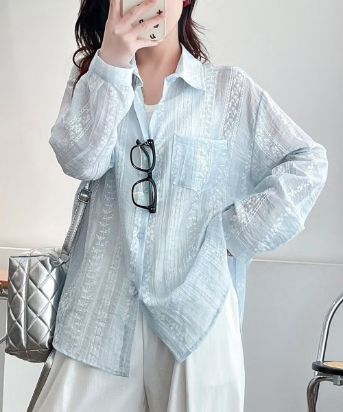Miniministore(ミニミニストア)の「韓国風シアーシャツレース柄ブラウス春夏服(シャツ/ブラウス・レディース・ホワイト/ライトブルー/ピンク・FREE)」の7枚目の写真