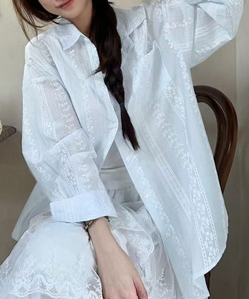 Miniministore(ミニミニストア)の「韓国風シアーシャツレース柄ブラウス春夏服(シャツ/ブラウス・レディース・ホワイト/ライトブルー/ピンク・FREE)」の8枚目の写真