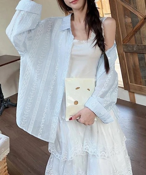 Miniministore(ミニミニストア)の「韓国風シアーシャツレース柄ブラウス春夏服(シャツ/ブラウス・レディース・ホワイト/ライトブルー/ピンク・FREE)」の9枚目の写真
