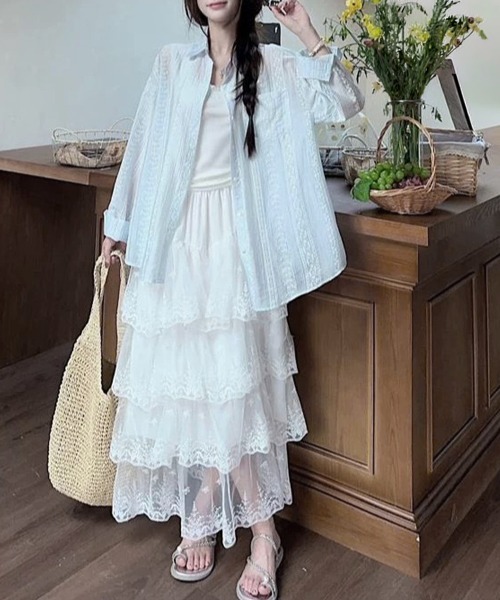 Miniministore(ミニミニストア)の「韓国風シアーシャツレース柄ブラウス春夏服(シャツ/ブラウス・レディース・ホワイト/ライトブルー/ピンク・FREE)」の10枚目の写真