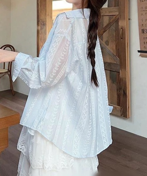 Miniministore(ミニミニストア)の「韓国風シアーシャツレース柄ブラウス春夏服(シャツ/ブラウス・レディース・ホワイト/ライトブルー/ピンク・FREE)」の11枚目の写真