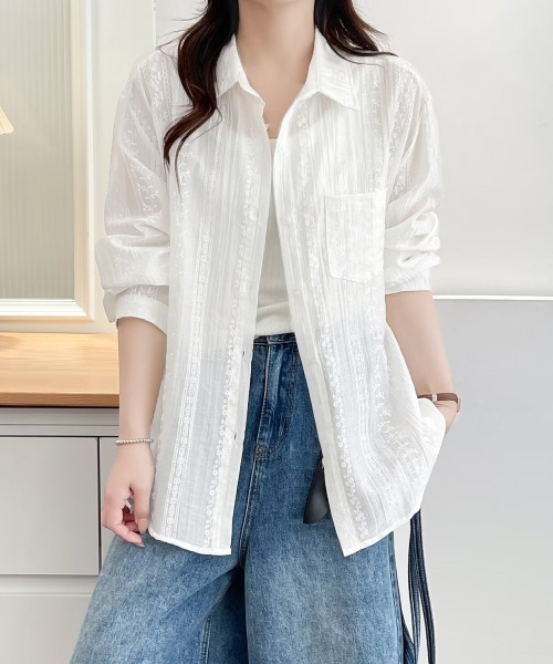 Miniministore(ミニミニストア)の「韓国風シアーシャツレース柄ブラウス春夏服(シャツ/ブラウス・レディース・ホワイト/ライトブルー/ピンク・FREE)」の12枚目の写真
