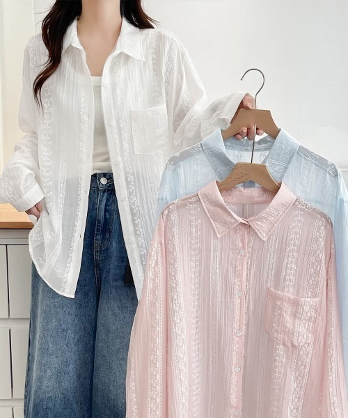Miniministore(ミニミニストア)の「韓国風シアーシャツレース柄ブラウス春夏服(シャツ/ブラウス・レディース・ホワイト/ライトブルー/ピンク・FREE)」の14枚目の写真