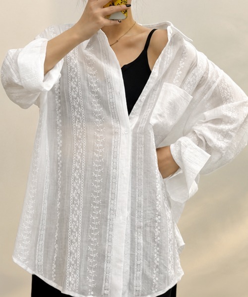 Miniministore(ミニミニストア)の「韓国風シアーシャツレース柄ブラウス春夏服(シャツ/ブラウス・レディース・ホワイト/ライトブルー/ピンク・FREE)」の16枚目の写真