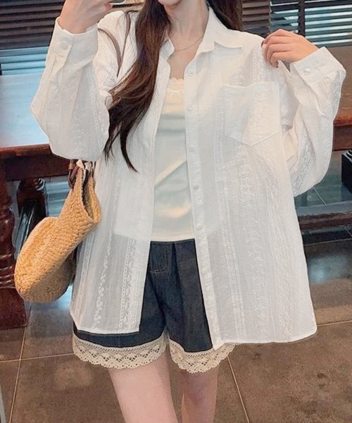 Miniministore(ミニミニストア)の「韓国風シアーシャツレース柄ブラウス春夏服(シャツ/ブラウス・レディース・ホワイト/ライトブルー/ピンク・FREE)」の17枚目の写真