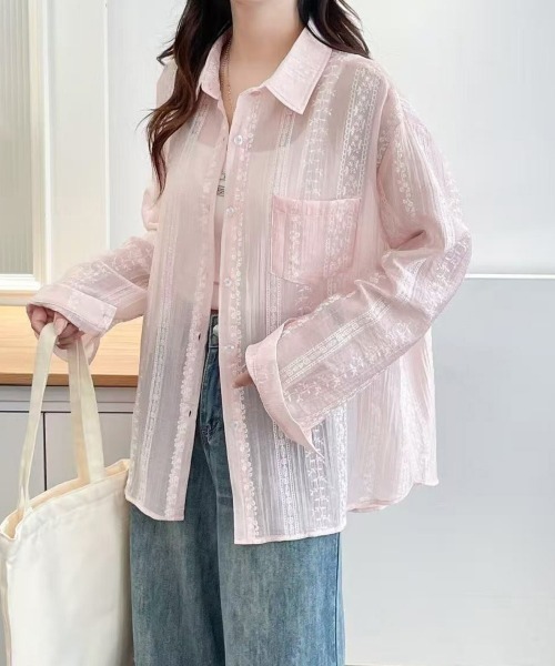 Miniministore(ミニミニストア)の「韓国風シアーシャツレース柄ブラウス春夏服(シャツ/ブラウス・レディース・ホワイト/ライトブルー/ピンク・FREE)」の18枚目の写真