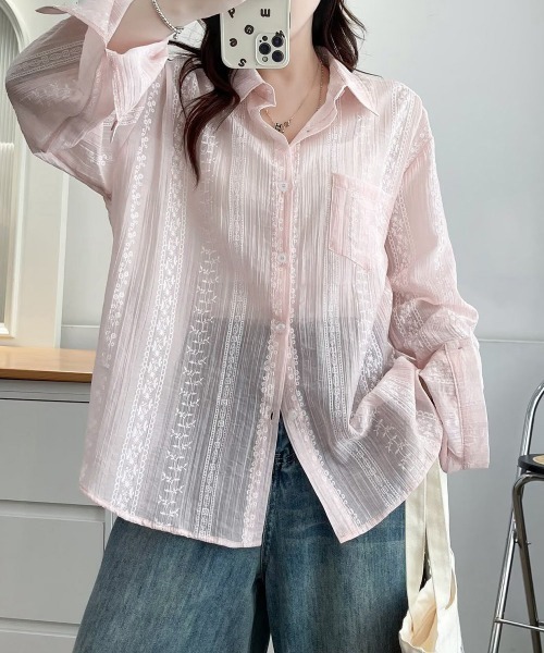 Miniministore(ミニミニストア)の「韓国風シアーシャツレース柄ブラウス春夏服(シャツ/ブラウス・レディース・ホワイト/ライトブルー/ピンク・FREE)」の19枚目の写真