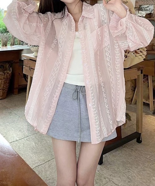Miniministore(ミニミニストア)の「韓国風シアーシャツレース柄ブラウス春夏服(シャツ/ブラウス・レディース・ホワイト/ライトブルー/ピンク・FREE)」の21枚目の写真