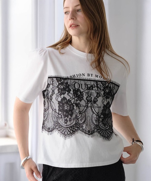 ZAKKA-BOX(ザッカボックス)の「レイヤードレースプリントTシャツ(Tシャツ/カットソー・レディース・ブラック/ホワイト・FREE)」の2枚目の写真