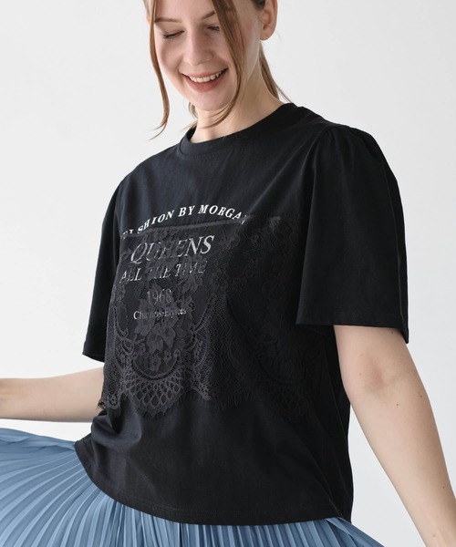 ZAKKA-BOX(ザッカボックス)の「レイヤードレースプリントTシャツ(Tシャツ/カットソー・レディース・ブラック/ホワイト・FREE)」の1枚目の写真
