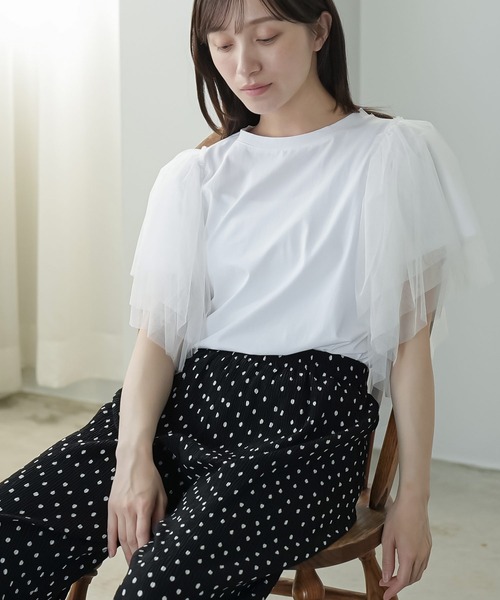 mili an deni(ミリアンデニ)の「袖ティアードチュールTシャツ(Tシャツ/カットソー・レディース・オフホワイト/ブラック・M)」の14枚目の写真