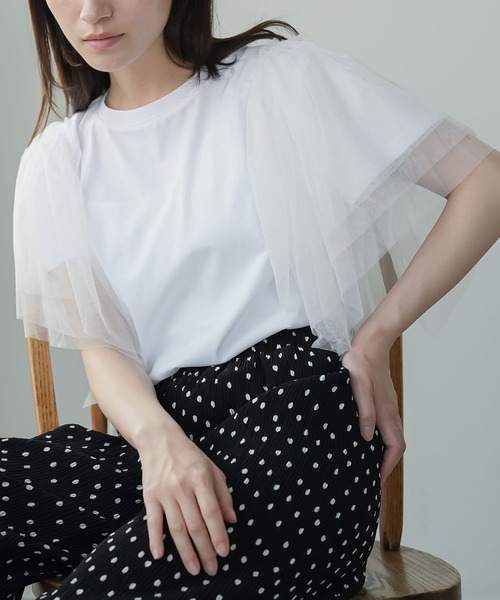 mili an deni(ミリアンデニ)の「袖ティアードチュールTシャツ(Tシャツ/カットソー・レディース・オフホワイト/ブラック・M)」の10枚目の写真