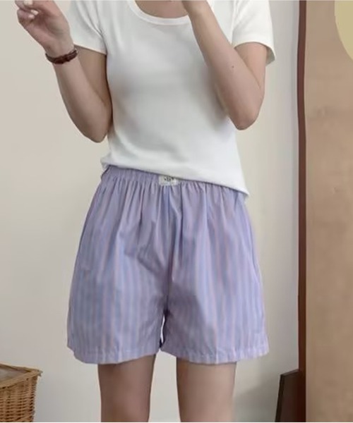 AsheKsha(アシクシャ)の「縦ストライプのゴム入りカジュアルショーツ(その他パンツ・レディース・ブルー/グリーン/パープル・F)」の6枚目の写真