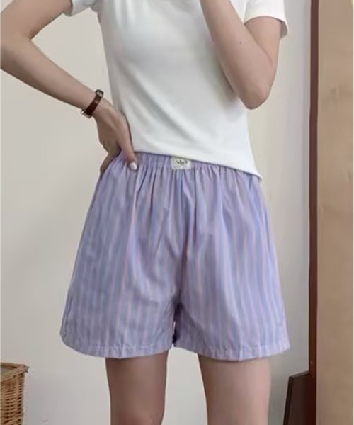 AsheKsha(アシクシャ)の「縦ストライプのゴム入りカジュアルショーツ(その他パンツ・レディース・ブルー/グリーン/パープル・F)」の7枚目の写真