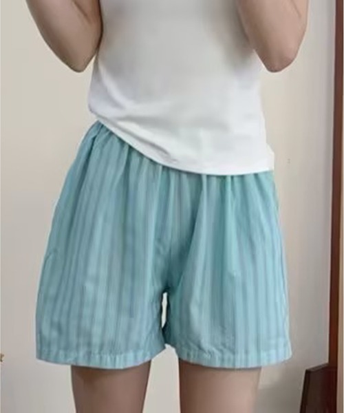 AsheKsha(アシクシャ)の「縦ストライプのゴム入りカジュアルショーツ(その他パンツ・レディース・ブルー/グリーン/パープル・F)」の9枚目の写真