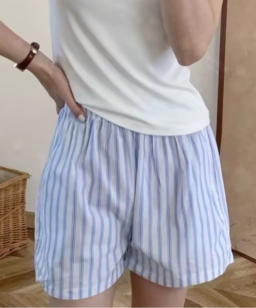 AsheKsha(アシクシャ)の「縦ストライプのゴム入りカジュアルショーツ(その他パンツ・レディース・ブルー/グリーン/パープル・F)」の13枚目の写真