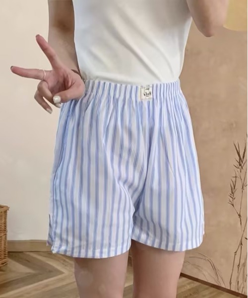 AsheKsha(アシクシャ)の「縦ストライプのゴム入りカジュアルショーツ(その他パンツ・レディース・ブルー/グリーン/パープル・F)」の15枚目の写真