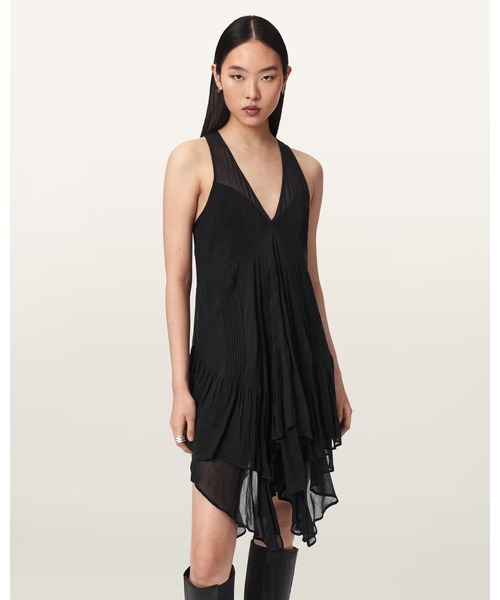 ALLSAINTS(オールセインツ)の「GRETEL ASYMMETRIC TIERED MIDI DRESS | GRETEL アシンメトリー ティアード ミディ ドレス・ワンピース(ワンピース・レディース・ブラック・10/8)」の1枚目の写真