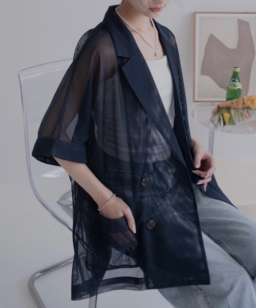 JUMELLE（ジュメロ）の「シアーテーラードジャケット（テーラードジャケット・レディース・ベージュ/ネイビー・MEDIUM）」の2枚目の写真