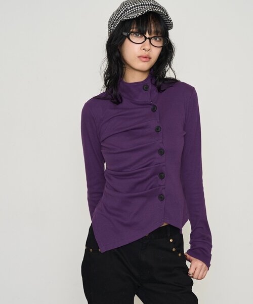 WHO'S WHO gallery(フーズフーギャラリー)の「アシメハイネックギャザートップス(Tシャツ/カットソー・レディース・ブラック/パープル/グレー・FREE)」の13枚目の写真