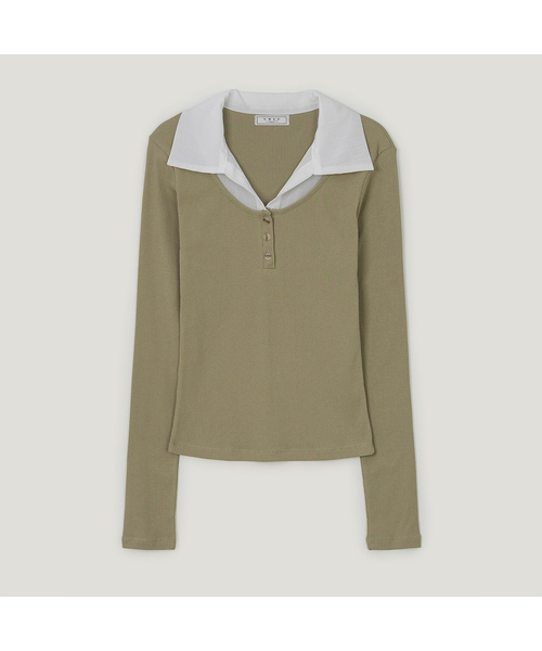 TWEE(トゥウィー)の「ケラー 配色襟 リブ長袖Tシャツ(Tシャツ/カットソー・レディース・ブラック/オリーブ/ライトブラウン・FREE)」の1枚目の写真