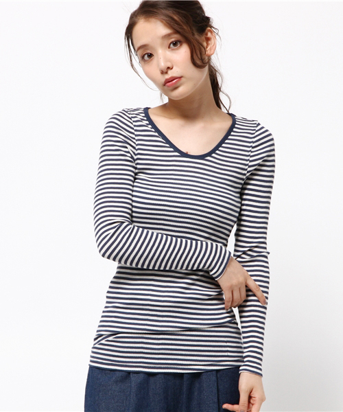 RNA-N（アールエヌエーエヌ）の「L7310 リブロング丈ボーダーロンT（Tシャツ/カットソー・レディース・プラム/ブラック×カーキ/イエロー/グリーン/その他1/ホワイト×グリーン/ピンク系その他/イエロー系その他/パープル系その他/チャコールグレー×ブラック/レッド系その他/グリーン系その他/ブルー系その他/エンジ/ブラック/ピンク/カーキ/グレー/パープル/ライトブルー/その他2/ホワイト×ネイビー・MEDIUM）」の3枚目の写真