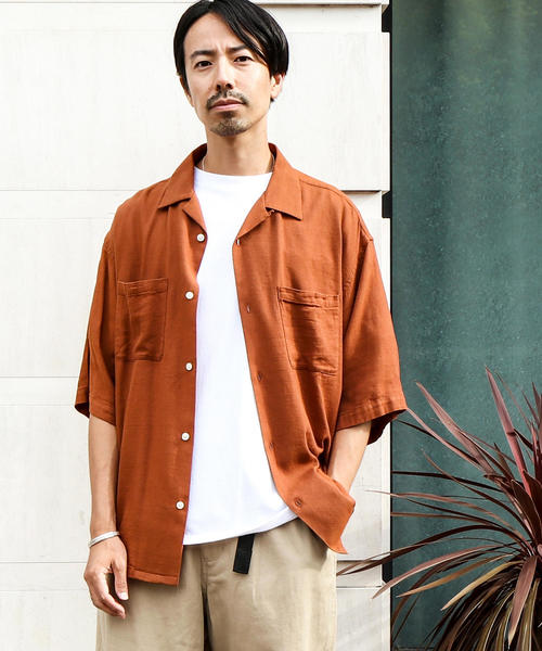 coen（コーエン）の「コットンレーヨンビッグシルエットオープンカラーシャツ（シャツ/ブラウス・メンズ・オレンジ系その他/ネイビー・SMALL/MEDIUM/LARGE/X-LARGE）」の2枚目の写真