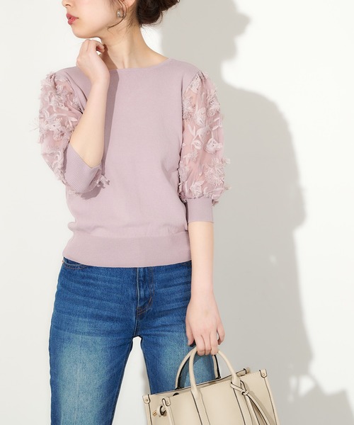 natural couture(ナチュラルクチュール)の「3Dレース袖華やか2WAYトップス(ニット/セーター・レディース・ピンクベージュ/ブラック/ベージュ/オフホワイト・FREE)」の13枚目の写真