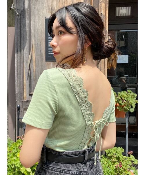 EVRIS（エヴリス）の「レーストリミングリブTOPS（Tシャツ/カットソー・レディース・ブラック/ホワイト/ピンク/ミント・FREE）」の4枚目の写真