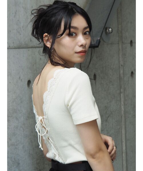 EVRIS（エヴリス）の「レーストリミングリブTOPS（Tシャツ/カットソー・レディース・ブラック/ホワイト/ピンク/ミント・FREE）」の5枚目の写真