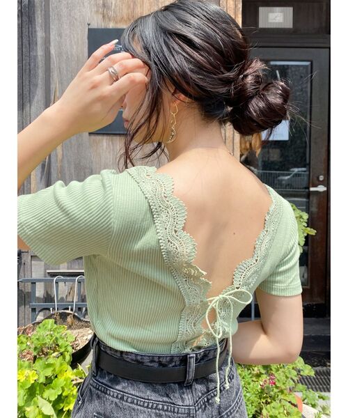 EVRIS（エヴリス）の「レーストリミングリブTOPS（Tシャツ/カットソー・レディース・ブラック/ホワイト/ピンク/ミント・FREE）」の22枚目の写真